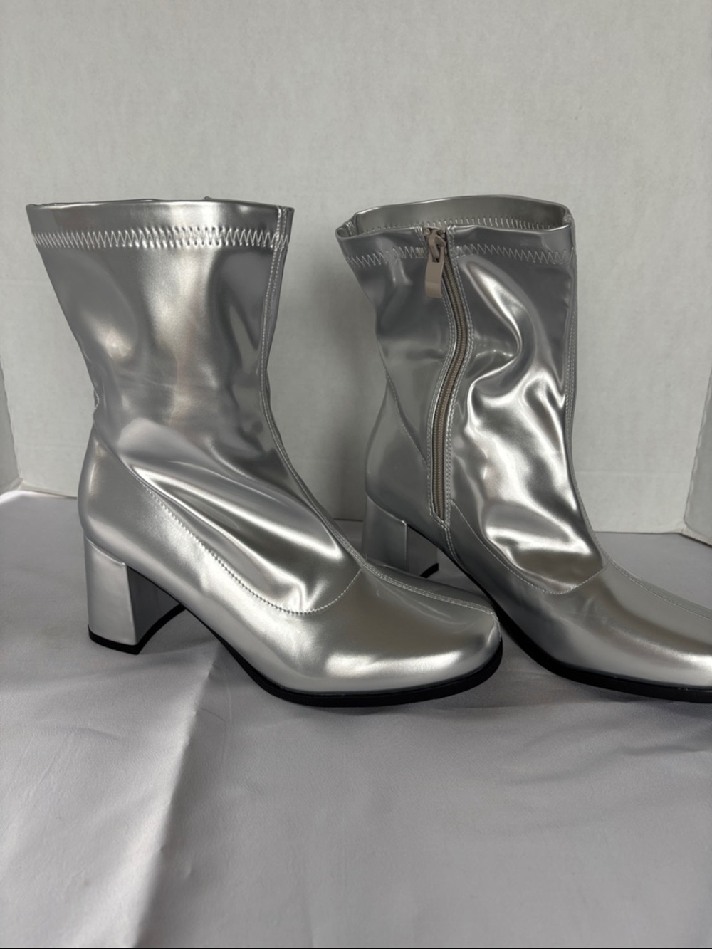 Metallic Silver Mid-Calf Block Heel Boots